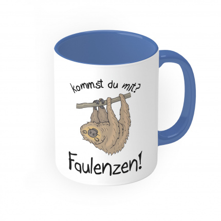 Blaue Tasse mit Motiv - kommst du mit - Faulenzen - Faultier