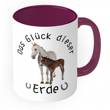 Violette Tasse mit Motiv - Das Glück dieser Erde - Pferd mit Fohlen