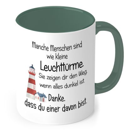 Tasse „Manche Menschen sind wie kleine Leuchttürme“ – Innenseite und Henkel Dunkelgrün