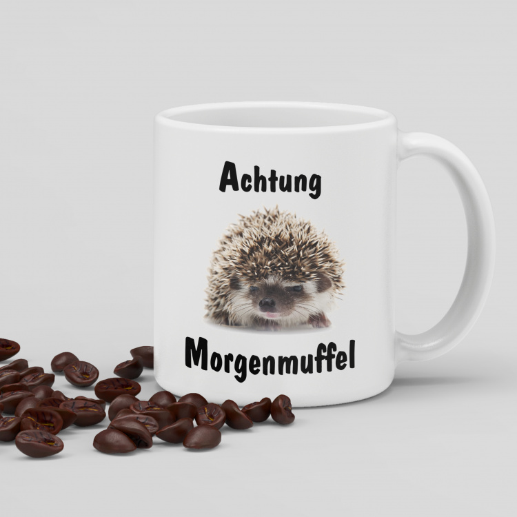 Tasse mit Motiv - Weißbauchigel - Achtung Morgenmuffel