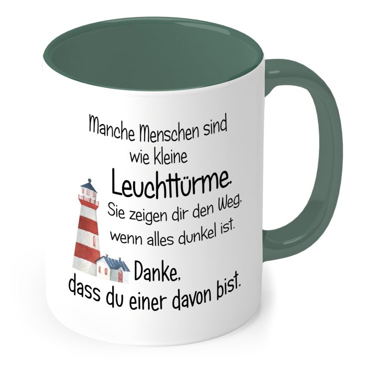 Tasse „Manche Menschen sind wie kleine Leuchttürme“ – Innenseite und Henkel Dunkelgrün